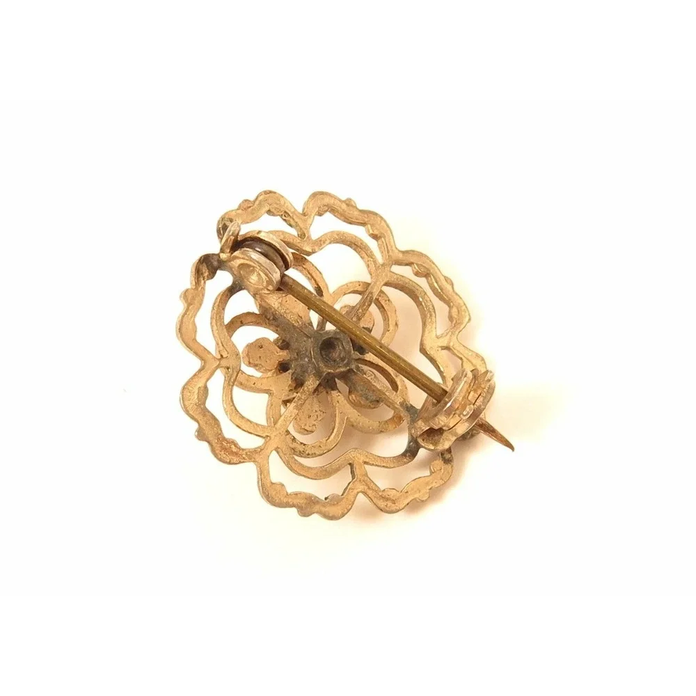 Vintage Small Art Deco‎ Floral Abstract Flower Filigree Pearl Gold Plated Pin